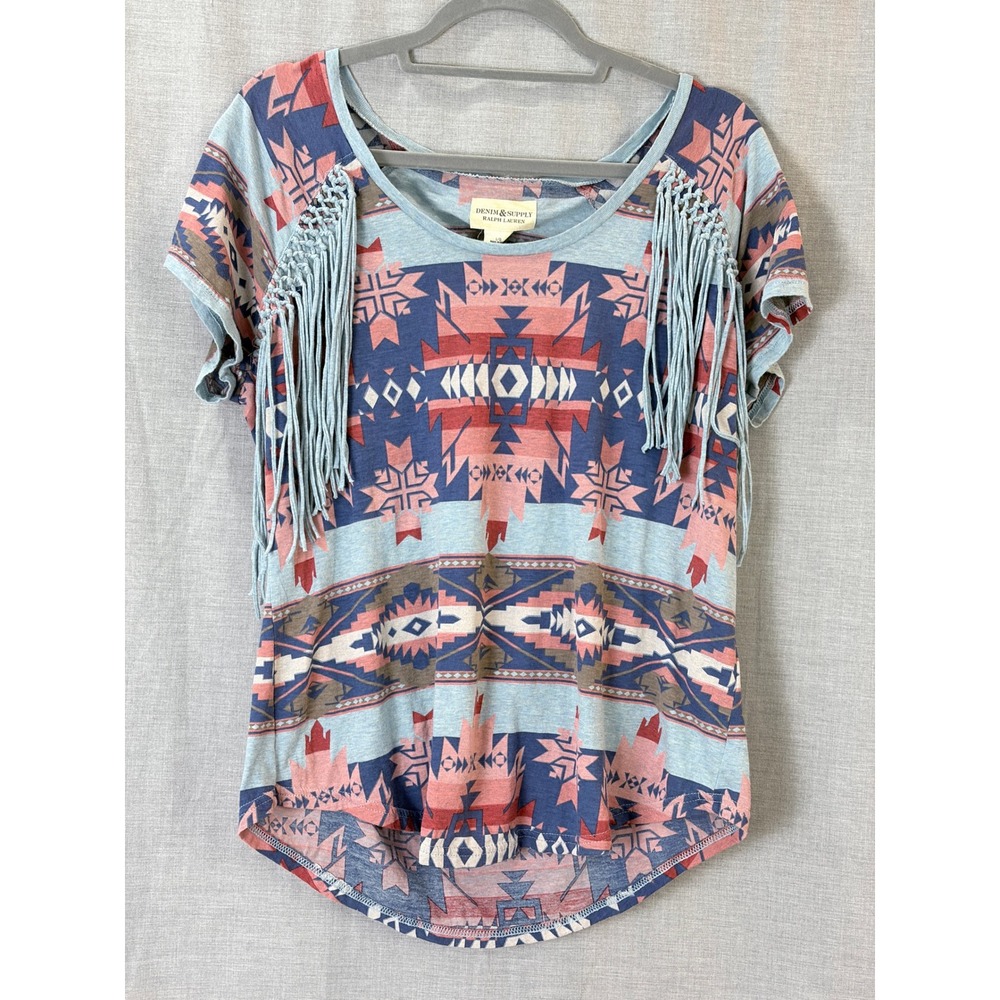 Denim & Supply Ralph Lauren Southwestern Fringe T-Shirt Blue Pink WW151 CORE L